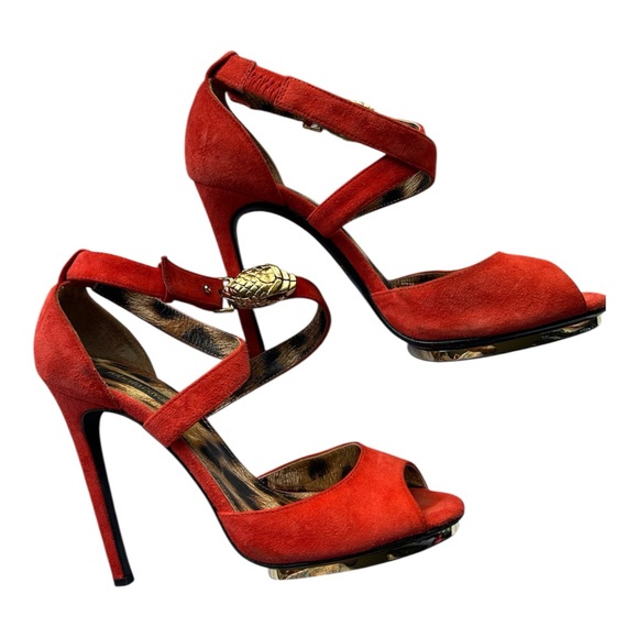 Roberto Cavalli Red/Orange Suede Stiletto Heels Gold Snake Head Italy Size 7 - Picture 2 of 11